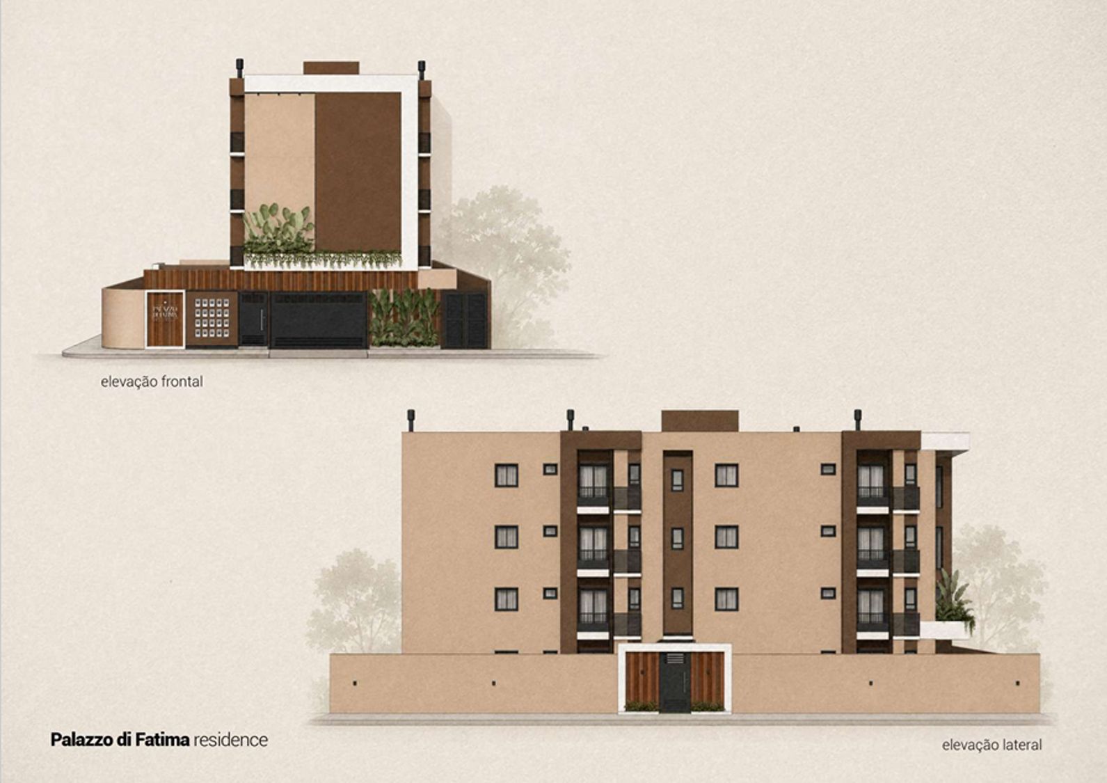 Elevações frontal e lateral do Palazzo Di Fatima Residence, com o muro e o portão