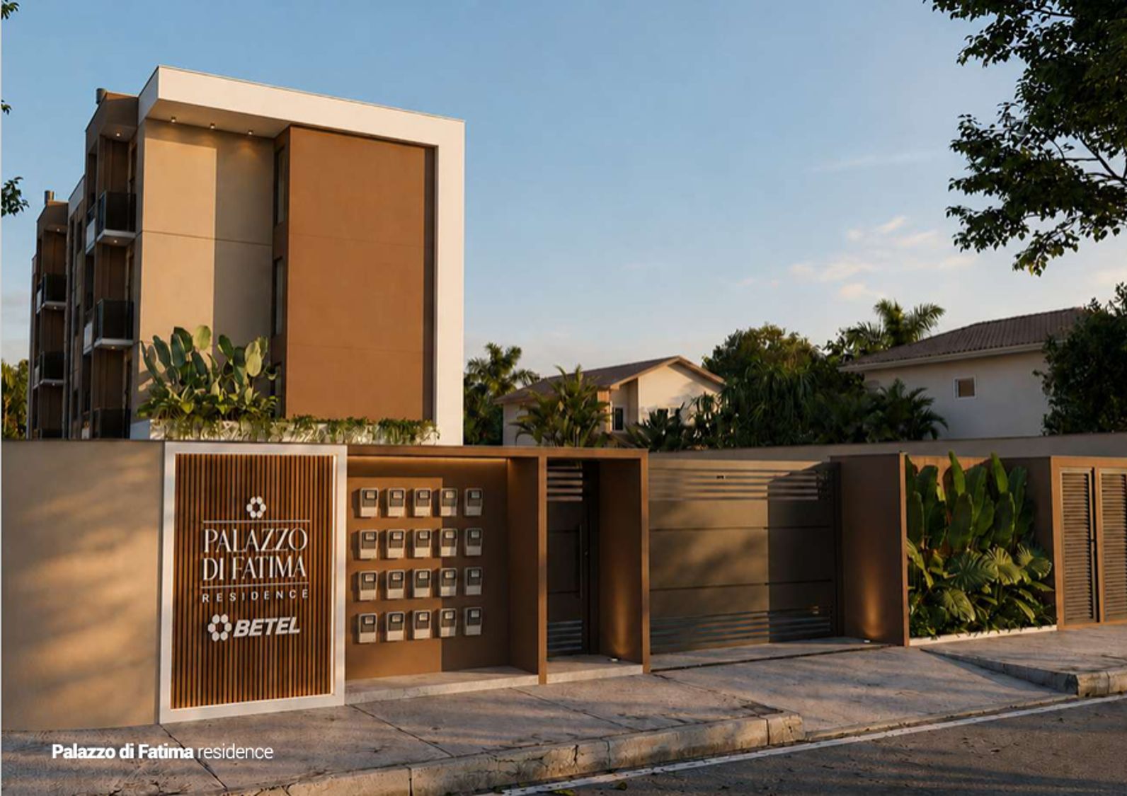 Fachada ilustrativa do Palazzo Di Fatima Residence, com a placa do empreendimento, caixas de correio e portões
