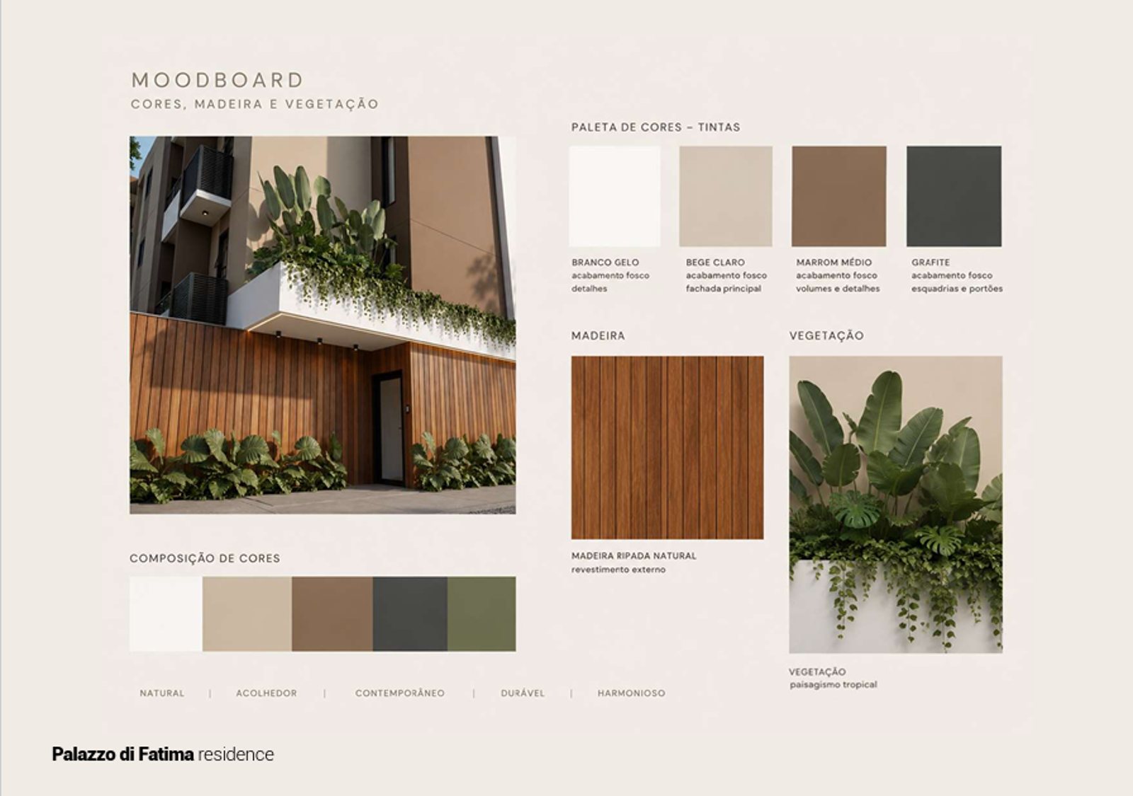 Moodboard do Palazzo Di Fatima Residence: paleta de cores, madeira ripada e vegetação tropical
