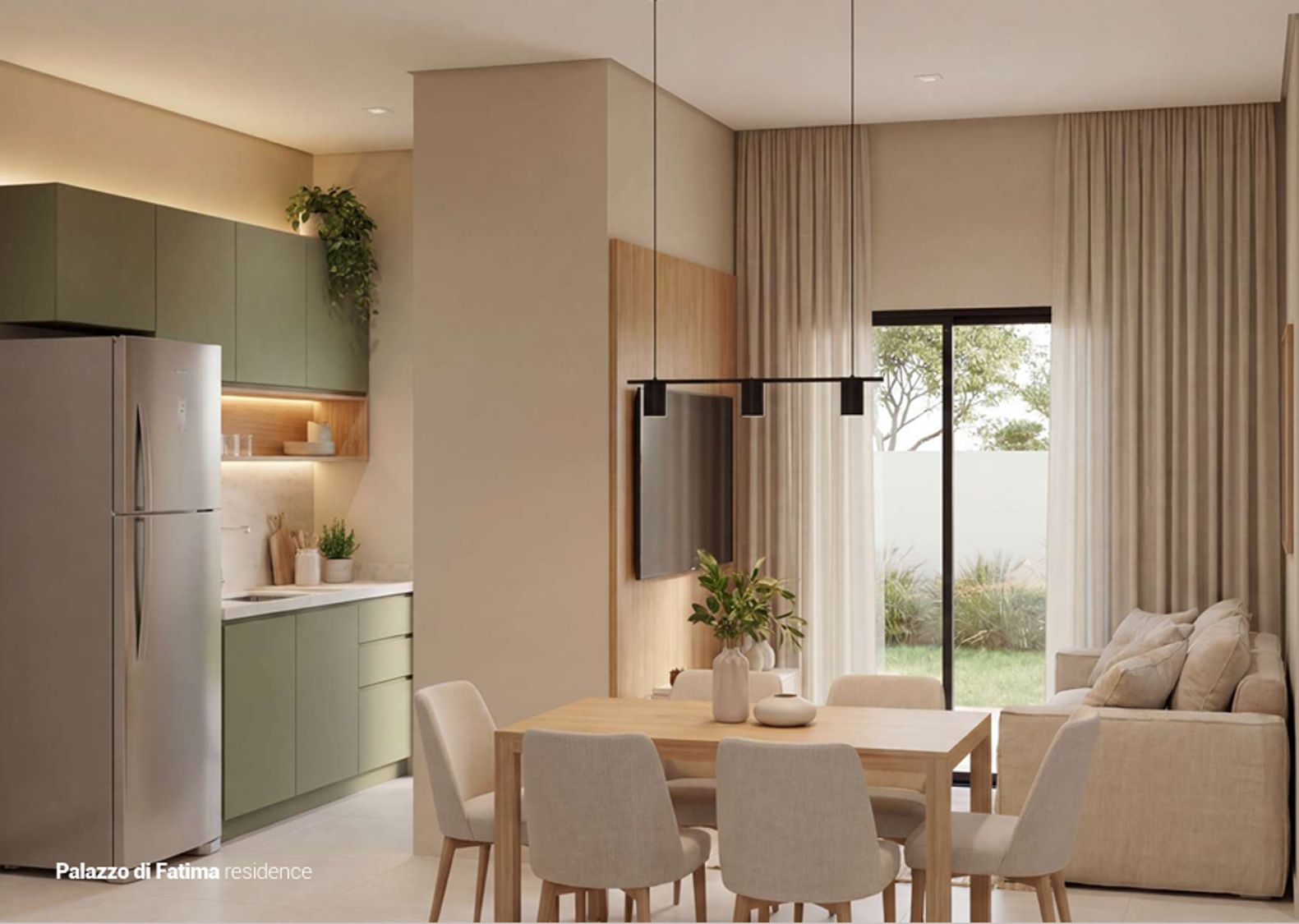 Sala e cozinha integradas, com acesso à área externa