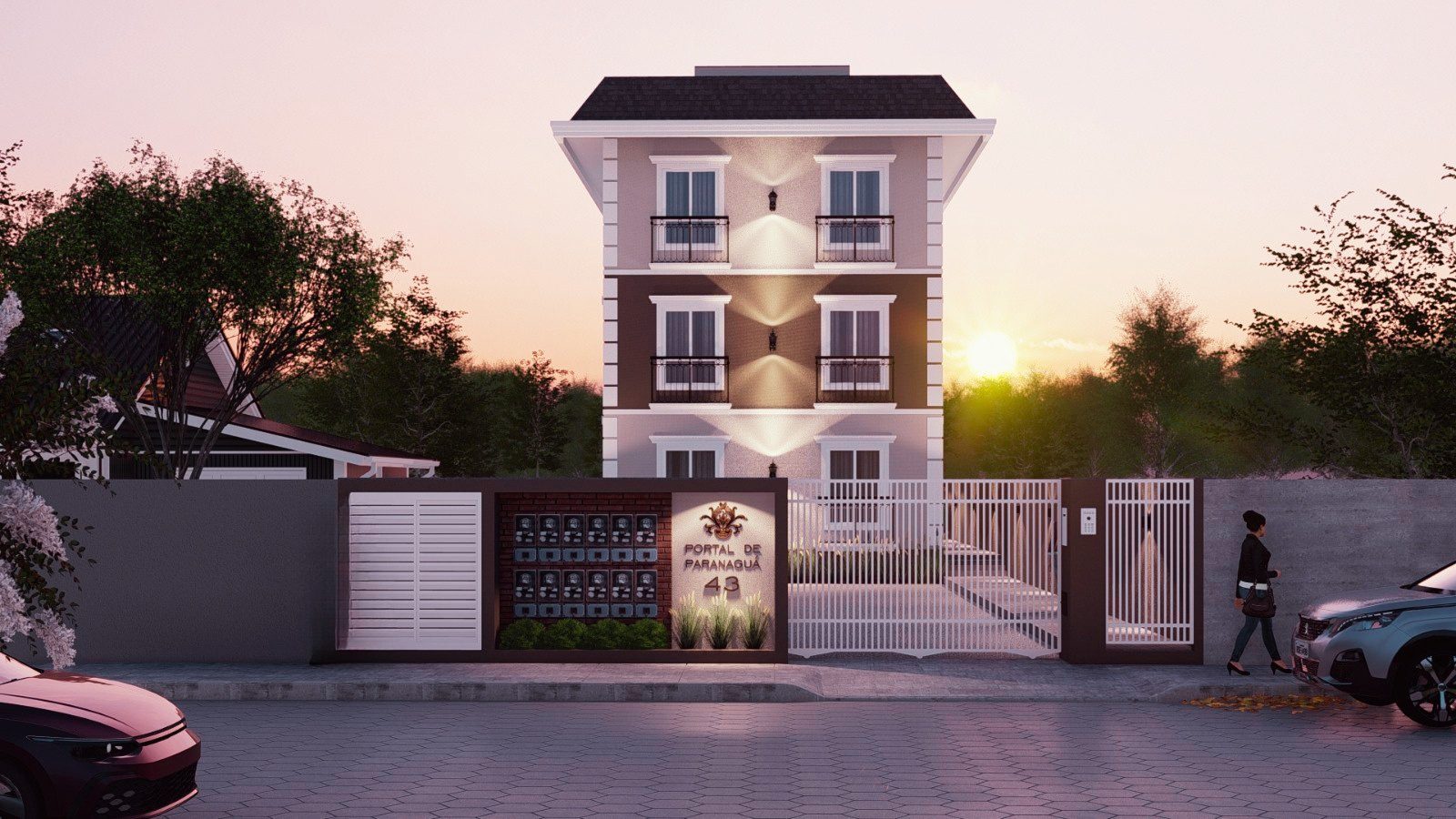 Fachada ilustrativa do Residencial Portal de Paranaguá ao entardecer, edifício de três pavimentos