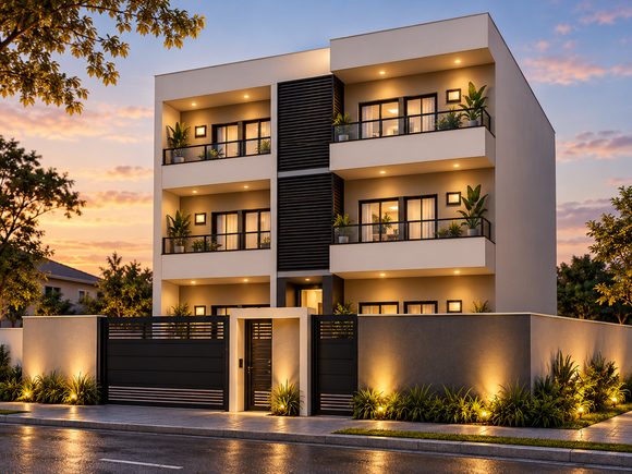 Fachada ilustrativa do Residencial Vivendas do Sul, edifício moderno de fachada branca com varandas
